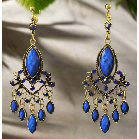 Antique 4" clip on gold, blue, and white stone dangle earrings - Picture 1 of 4